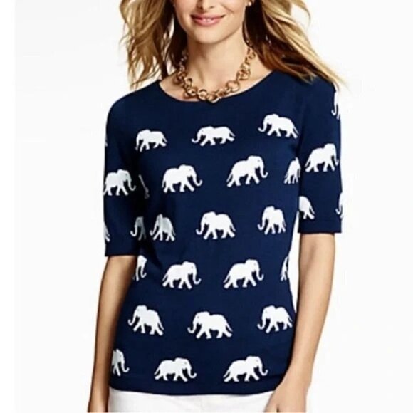 Talbots XS Elephant Allover Knit Short Sleeve Top Navy Blue White Cotton Blend - Picture 1 of 8